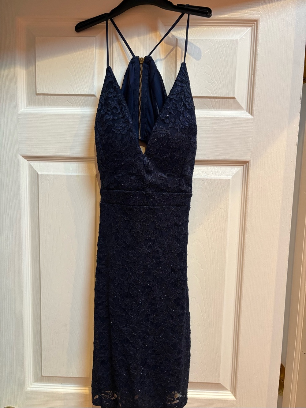 Emerald Sundae Navy Lace V-Neck Spaghetti Strap Midi Dress